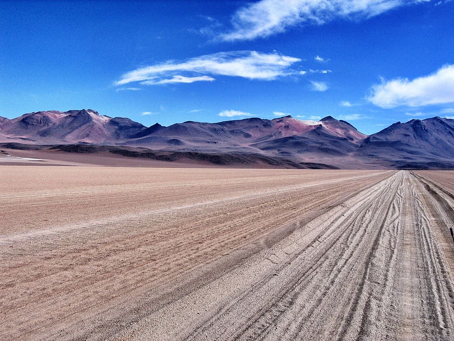 brown, field, mountain range, altiplano, desert, mountains, track, atacama, bolivia, andes