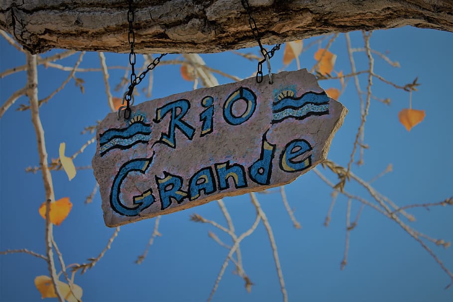 Rio Grande, Sign, River, Tree Branch, rio grande sign, hanging sign, hand painted, handdrawn, lettering, rio grande river