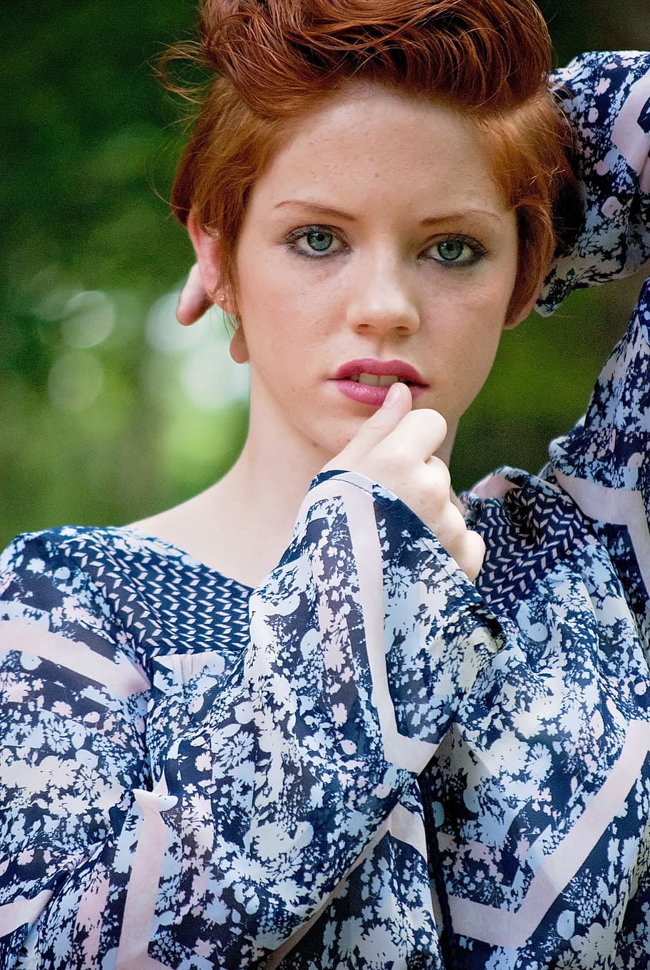woman, wearing, blue, floral, long-sleeve shirt portrait, girl, redhead, face, portrait, blue eyes