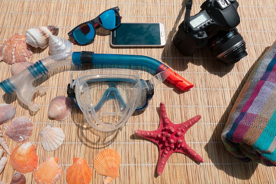 teal, red, snorkeling goggles, dslr camera, sea shells photography, daytime, Holiday, Travel, Fun, Go Away
