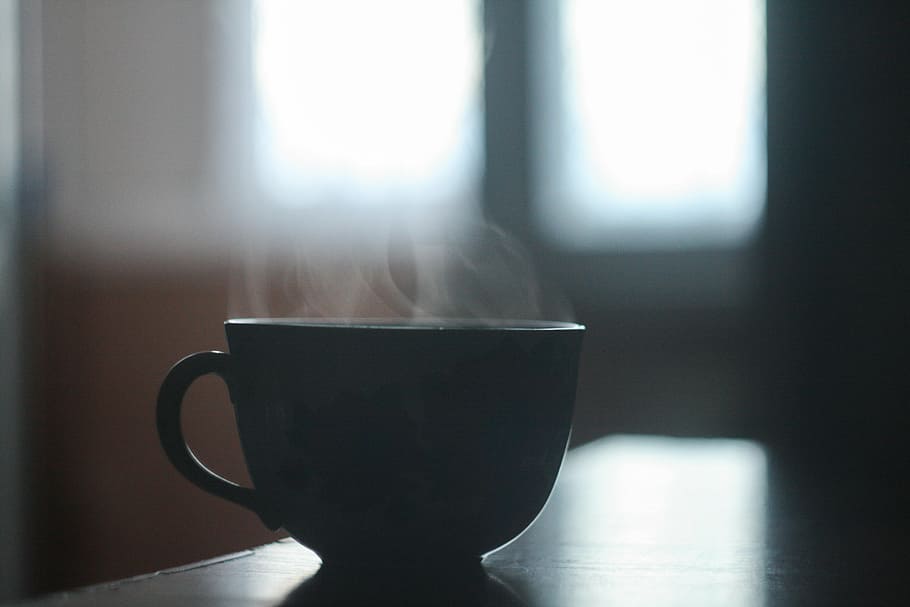 shallow, focus photography, black, ceramic, cup, silhouette, teacup, mug, coffee, drink