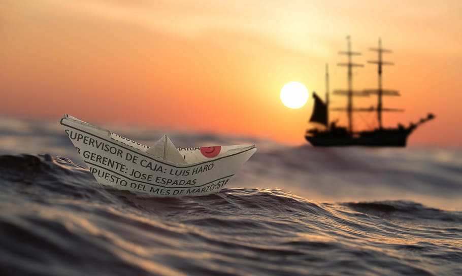 barco de papel, cuerpo, agua, puesta de sol, amanecer, aguas, mar, barco, velero, atardecer