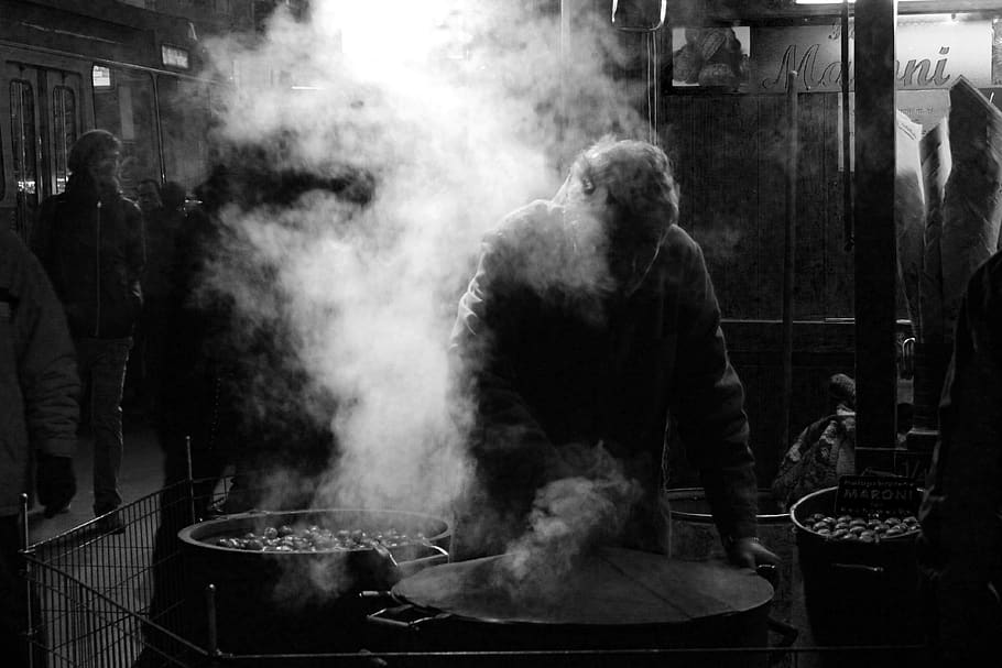 people, street, black and white, urban, dark, night, smoke, pots, cooking, smoke - physical structure