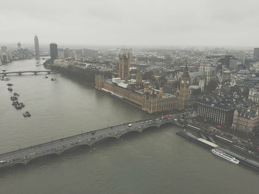 foto, grande, ben, Londres, agua, puente, Westminster, parlamento, vista aérea, escénico
