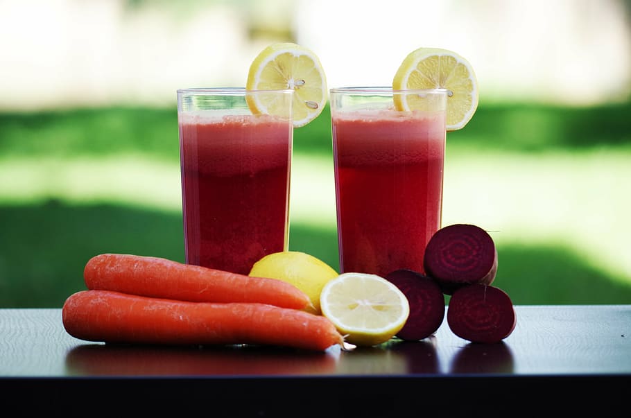 selective, focus photography, vegetable, fruit juice glasses, black, table, smoothie, fruit, vegetables, salad beetroot carrots