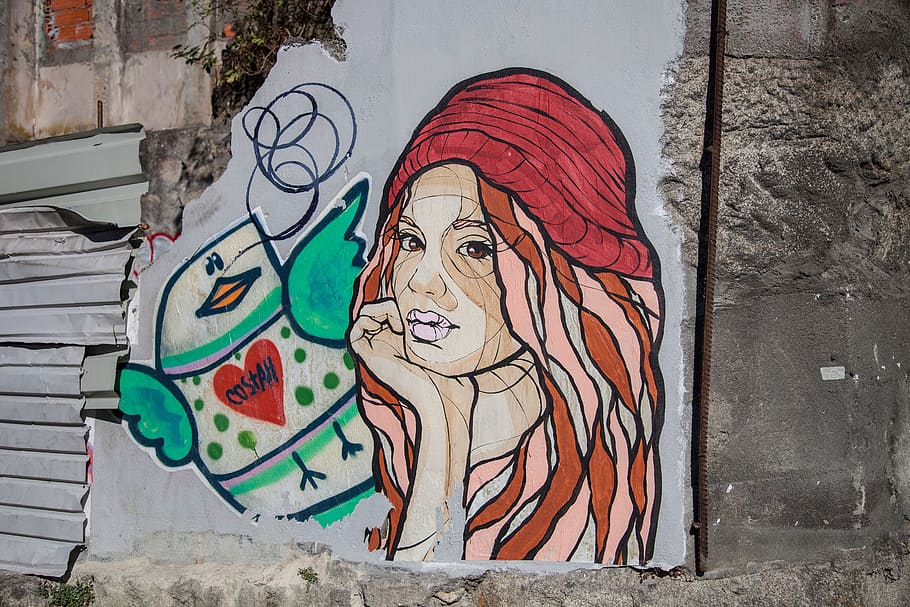 graffiti, woman, color, work of art, art, tough, young woman, face, portrait, man