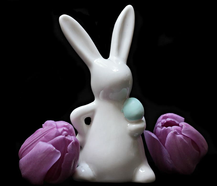 white, rabbit, ceramic, figuirne, tulips, flowers, hare, easter bunny, tulip flower, tulip heads