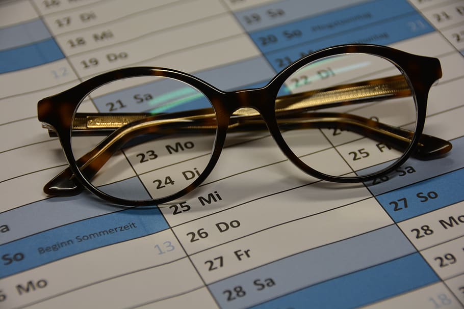 calendar, glasses, planning, time, work, eyeglasses, close-up, still life, text, indoors