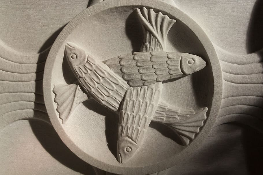 gray fish logo, fish, district, symbol, church, rock carving, sculptor, marble, indoors, close-up