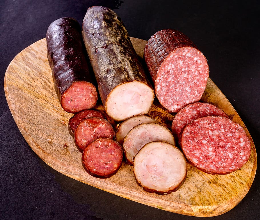 food, sausage, nutrition, appetizer, wooden, cutting, board, black background, slices, food and drink
