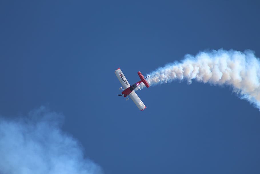 red, white, plane, air smoke show, air show, aircraft, tuvalu, airstrip, flight, small plane