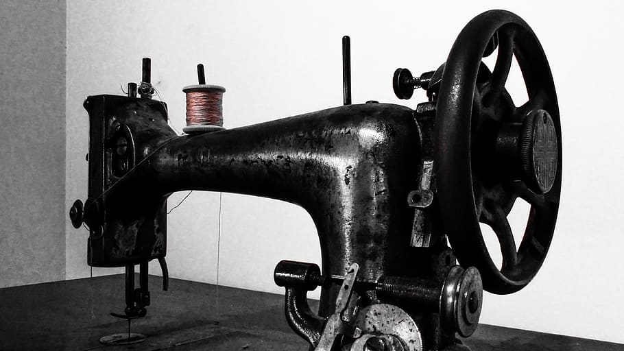 sewing machine, old, antique, retro, vintage, black, manual, indoors, machinery, metal