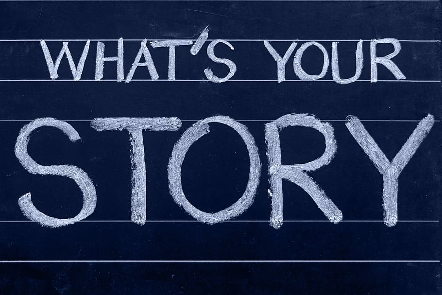 ¿Cuál es su historia, pizarra, historia, blogging, creer, tiza, desafío, concepto, fuente, escrito a mano