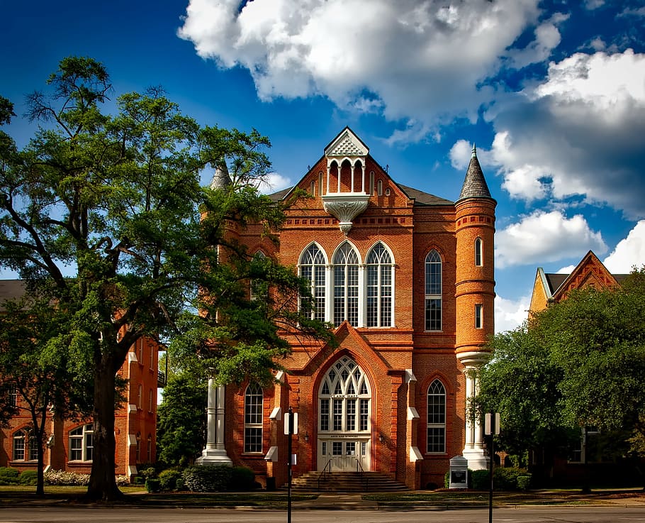 茶色, 塗装, 建物, 囲まれた, 木, アラバマ大学, タスカルーサ, クラークホール, キャンパス, 教育