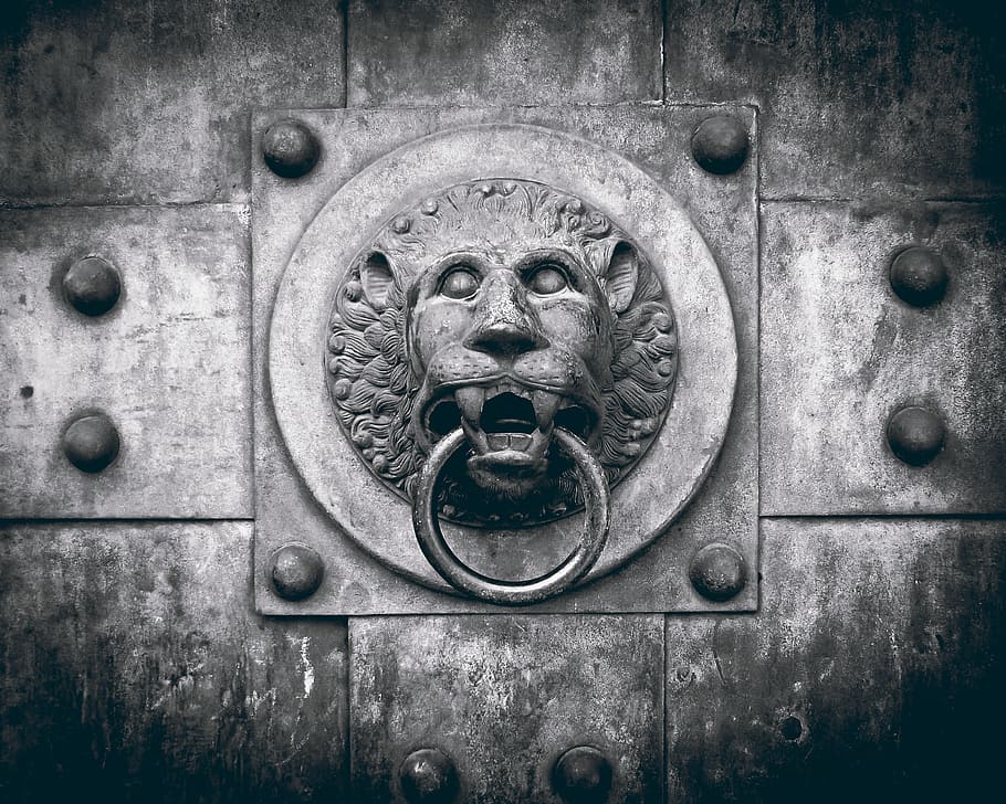 grayscale photo, lion gate knocker, door, doorknocker, metal, input, old, lion, handle, goal
