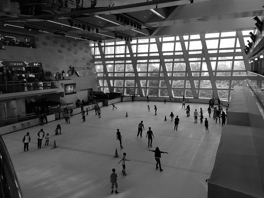 pessoas, em pé, gelo, skate, anel, escala de cinza, foto, patinação, pista, esportes