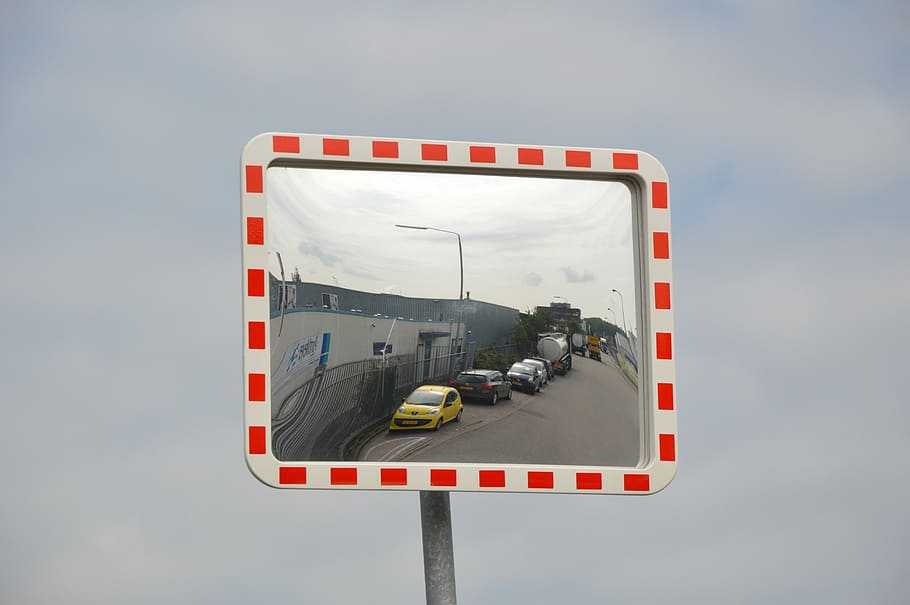 mirror, traffic, car, bike, truck, corner, street safety, sky, nature, red
