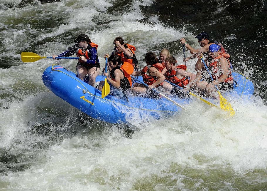 people, blue, inflatable raft paddling, river tide, inflatable, raft, paddling, river, tide, rafting