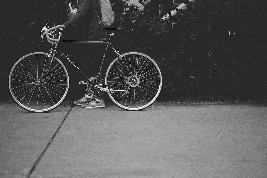 bike, bicycle, street, road, people, man, shoes, plant, black and white, transportation