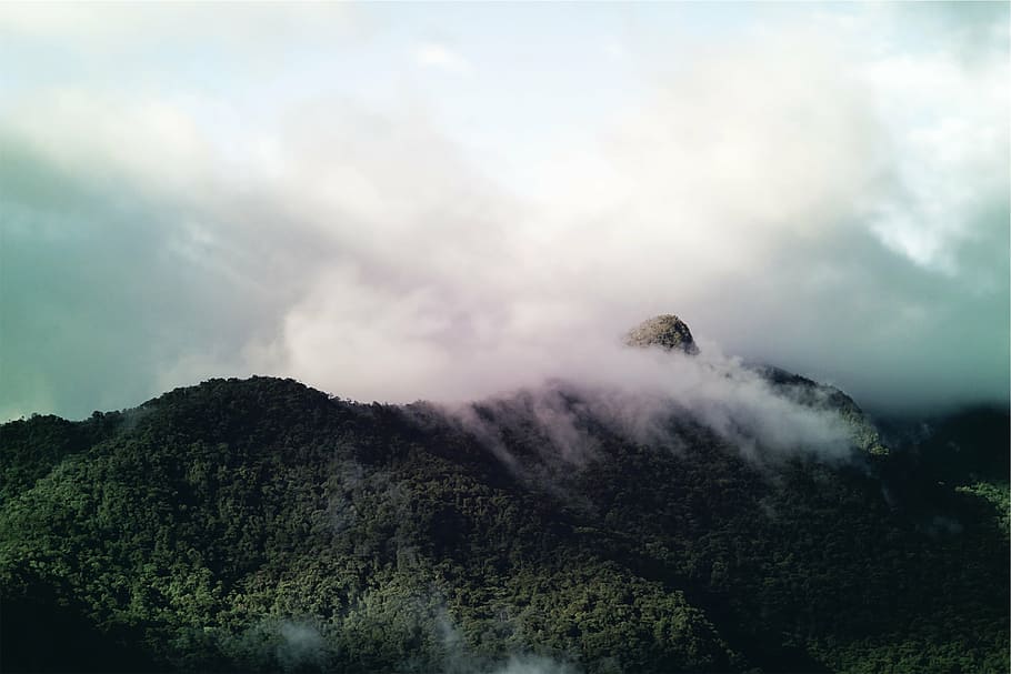 mountain, trees, cloudy, sky, daytime, green, range, mountains, clouds, nature