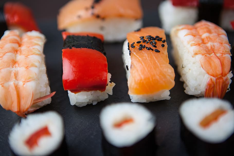 close-up macro shot, fresh, sushi fish, resting, slate, Close-up, shot macro, sushi, fish, food / Drink