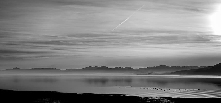 grayscale photo, body, water, lake, landscape, nature, greyscale, travel, sky, mountain