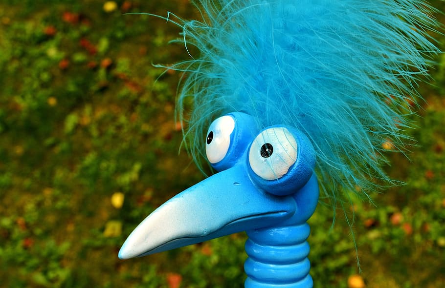 bromista, azul, gracioso, pájaro extraño, lindo, pluma, decoración, deco, cerámica, figura