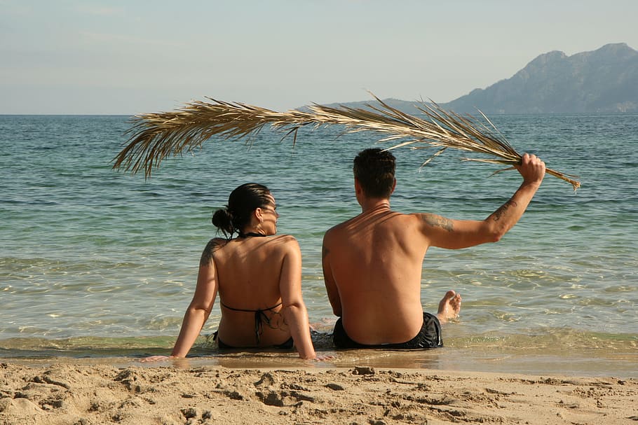 couple, sitting, seashore, beach, pair, sea, holiday, sand, man, woman