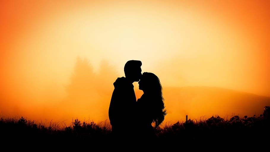 silhouette, man, kissing, woman forehead, sunset, dawn, dusk, sun, romance, outdoors