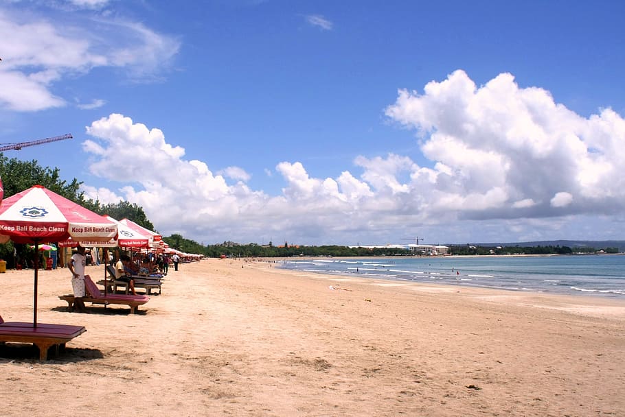 photography, seashore, kiosks, alto cumulus clouds, blue, calm, sky, Pantai, Kuta, Bali