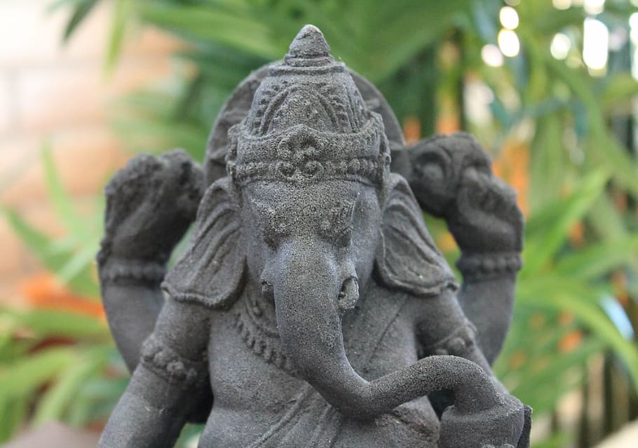 close-up photo, gray, ganesha statuette, ganesh, sepia, mantra, deva, deity, ganapati, hinduism