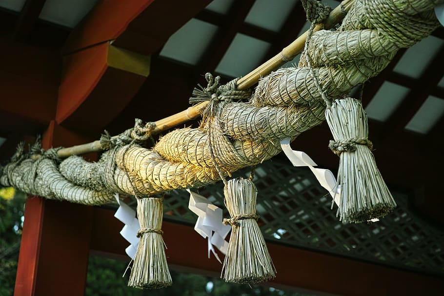 closeup, photography, brown, hanging, decor, shimenawa, shrine, holy, japan, rope