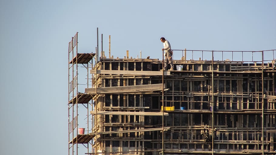 man, standing, scaffolding, construction, dangerous, construction worker, safety, working, construction industry, construction site