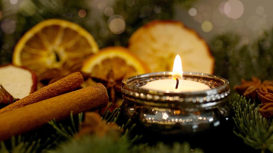 putih, lilin tealight, di dalam, stainless, tempat baja, natal, wewangian, kayu manis, rempah-rempah, tongkat kayu manis