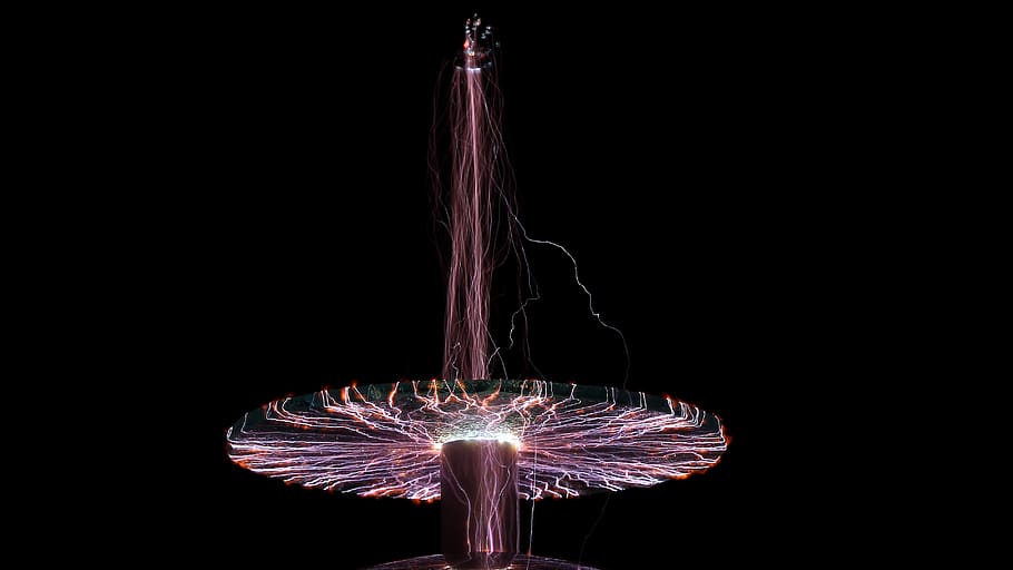 high voltage, tesla coil, electricity, experiment, tesla transformer, illuminated, motion, night, long exposure, arts culture and entertainment