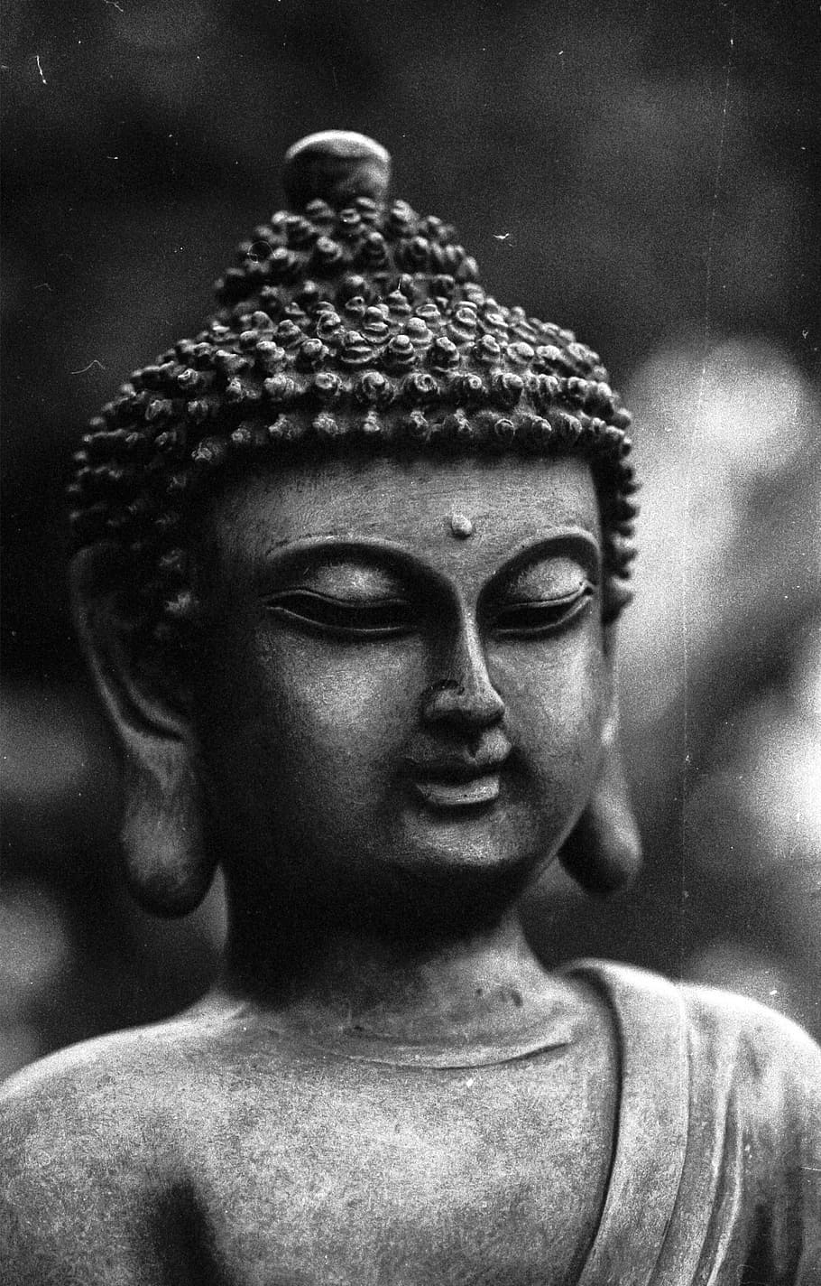 closed, Gautama Buddha, buddha, black and white, monochrome, buddhism, religion, meditation, headshot, one person