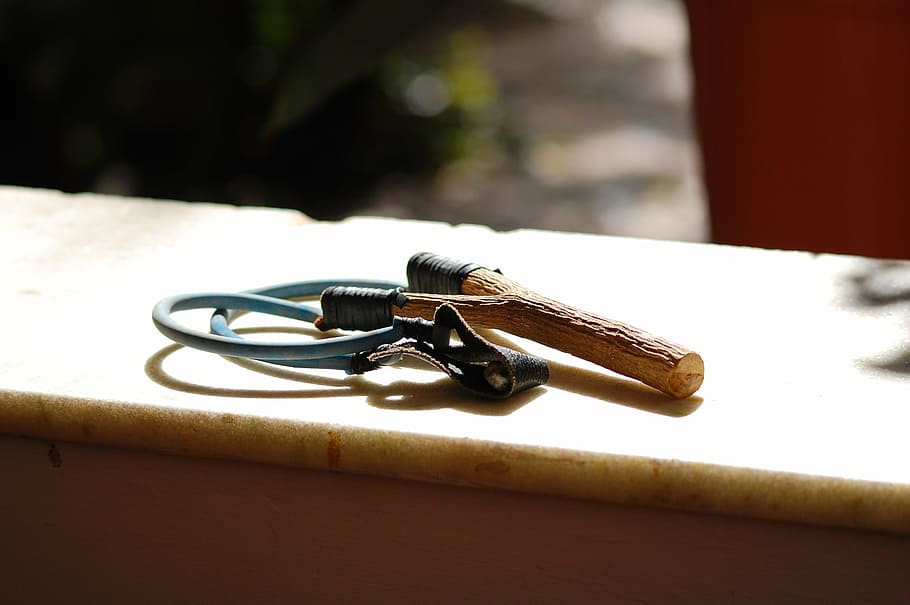 brown, wooden, slingshot, surface, hunting, childhood, close-up, table, focus on foreground, still life