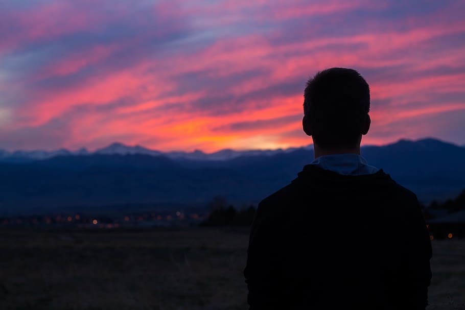 silhouette, man, standing, outdoor, field, looking, sunset, mountain, highland, sky