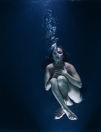 woman, wearing, sleeveless dress, diving, under water, fashion ...