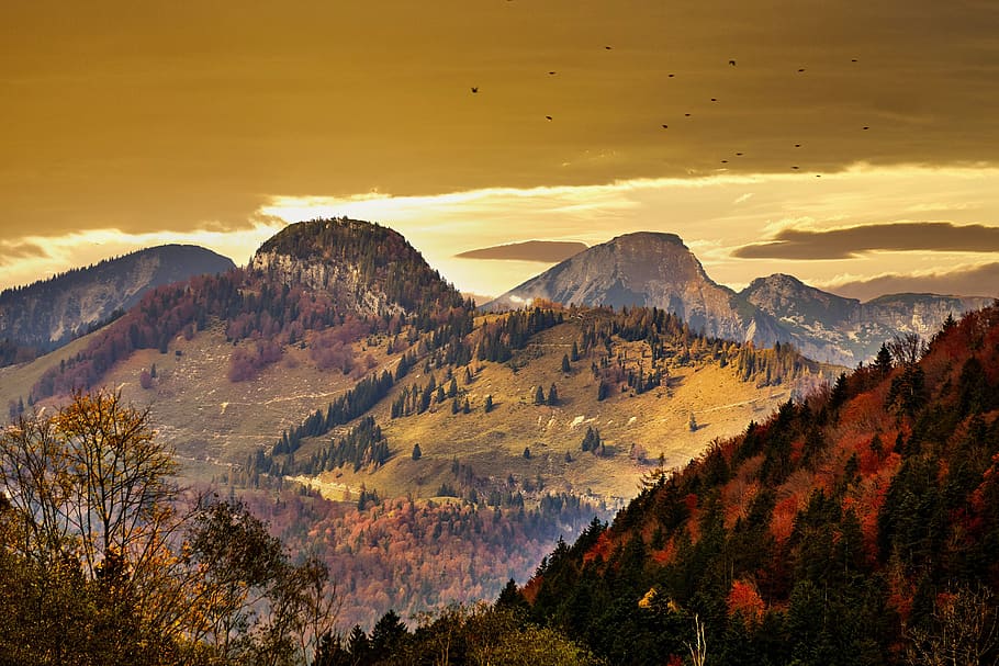 hagertal, kössen, otoño, área de paisaje protegida, naturaleza, alpino, montañas, austria, chiemgau, puesta de sol
