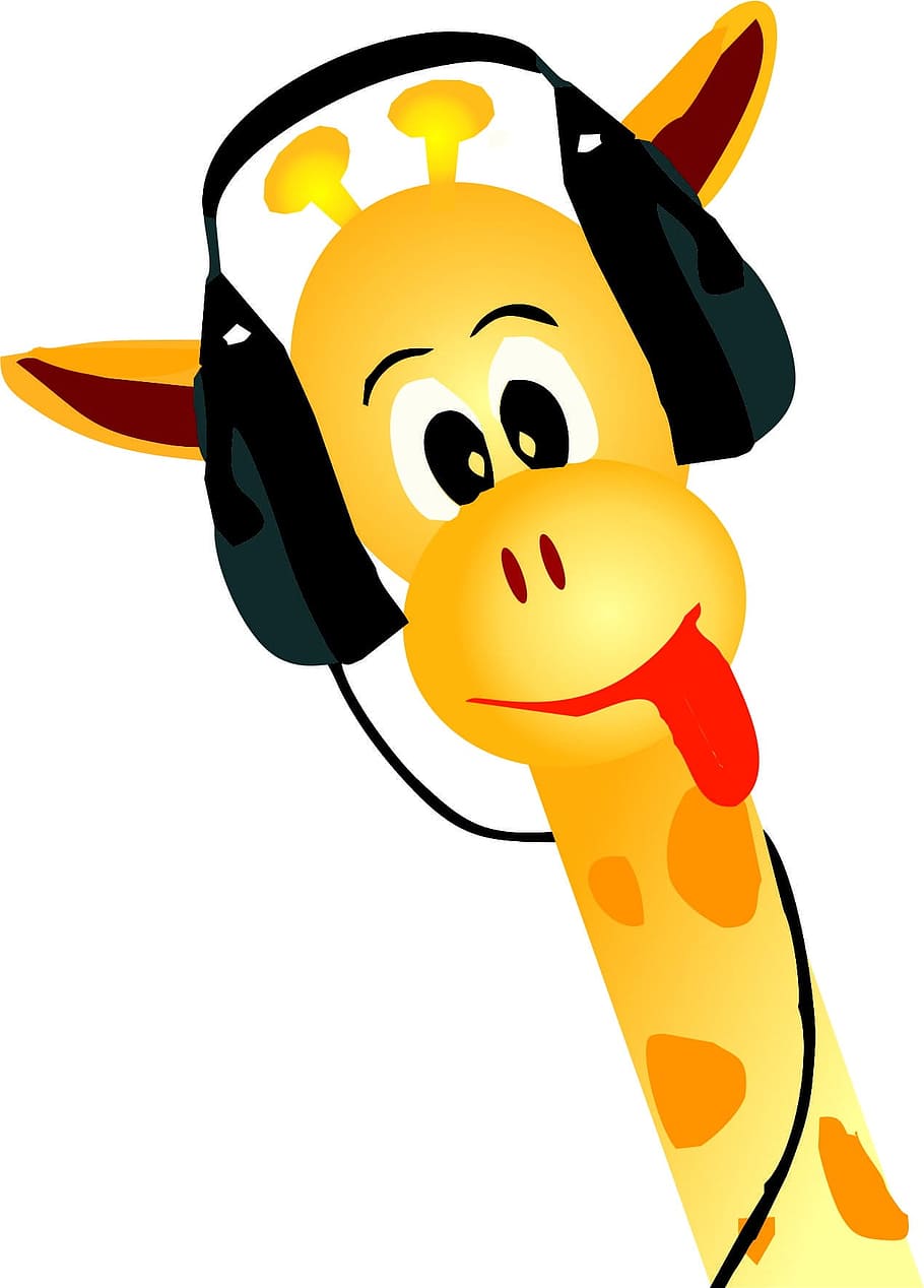 jirafa, vistiendo, ilustración de auriculares, auriculares, ilustración, amarillo, animal, música, evento, nota