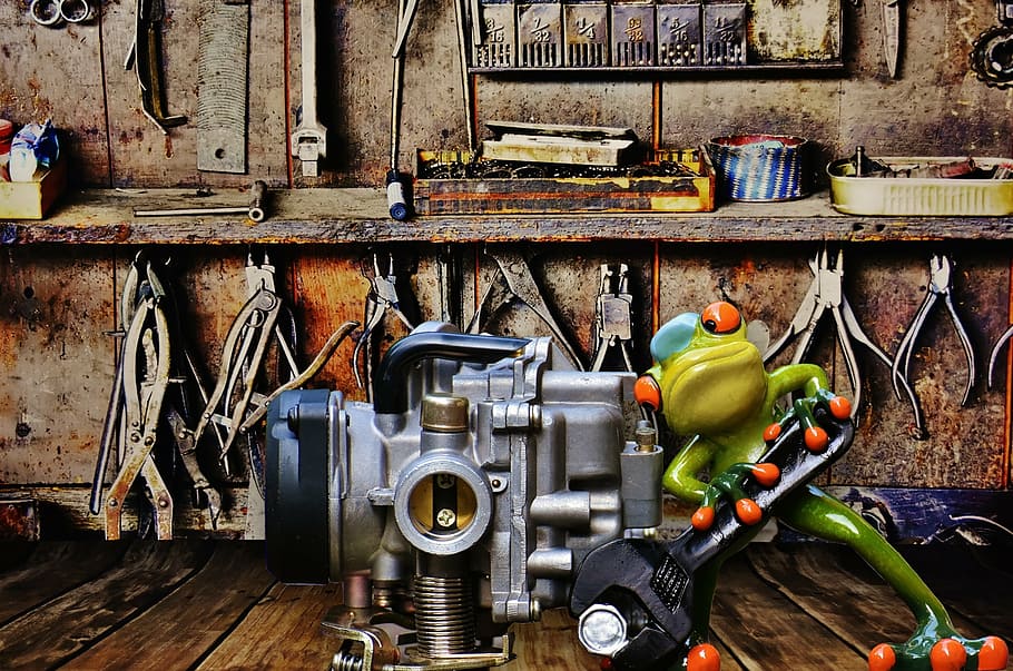workshop, mechanic, frog, figure, funny, fun, work, industry, metal, indoors