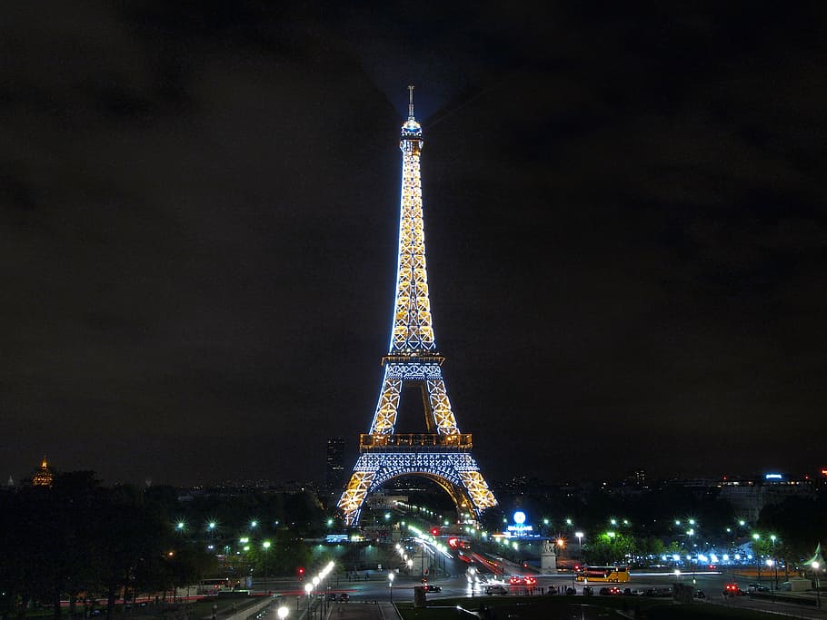 eiffel tower, paris, nighttime, the eiffel tower, france, night view, architecture, city, travel destinations, illuminated