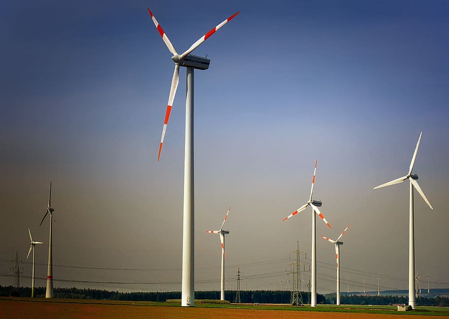 white wind turbines, electricity, turbine, energy, wind, generator, power generation, sky, wind power, pinwheel