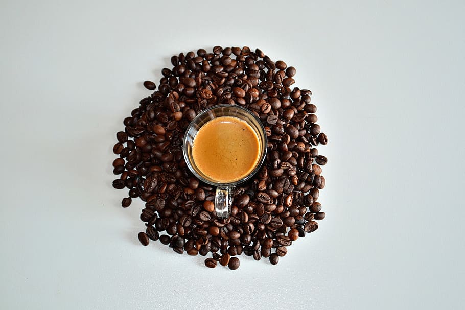 shot, surrounded, coffee beans, Overhead, food/Drink, coffee, drinks, brown, bean, cup