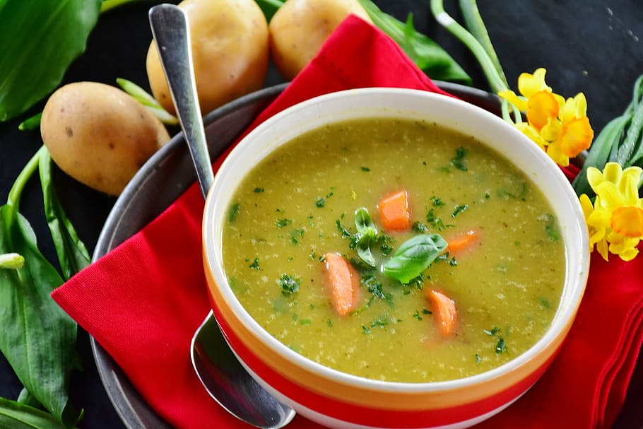 soup, white, orange, red, ceramic, bowl, potato soup, potato, bear's garlic, edible