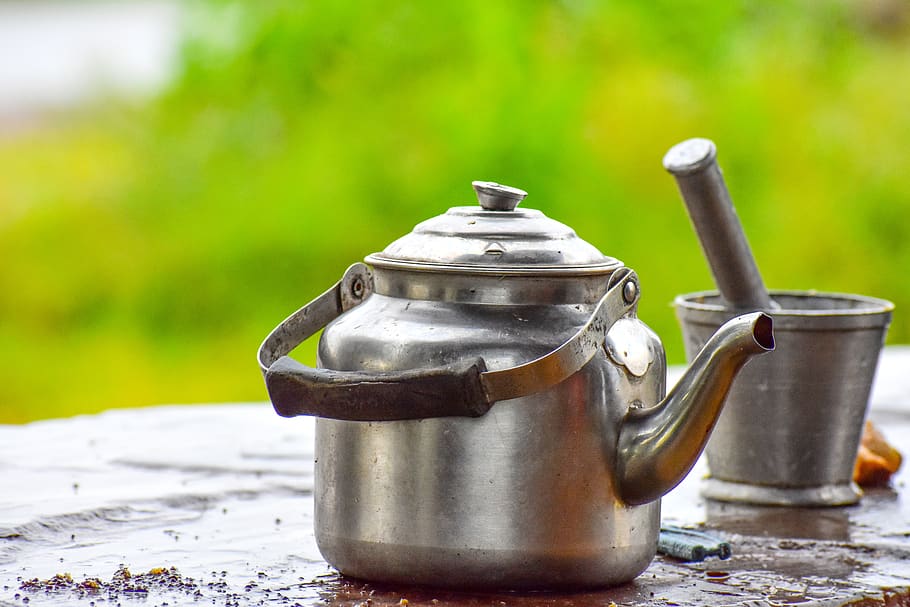 tea, kettle, mortar, pestle, crushing, metal, teapot, focus on foreground, household equipment, kitchen utensil