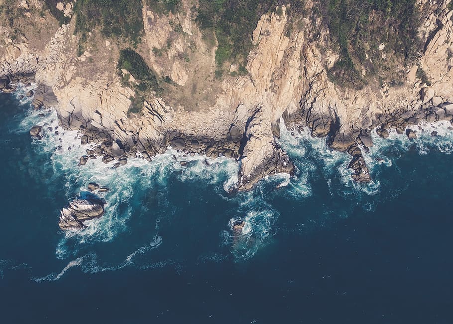 aerial, landscape, rock, formation, ocean, sea, waves, mountain, trees, grass