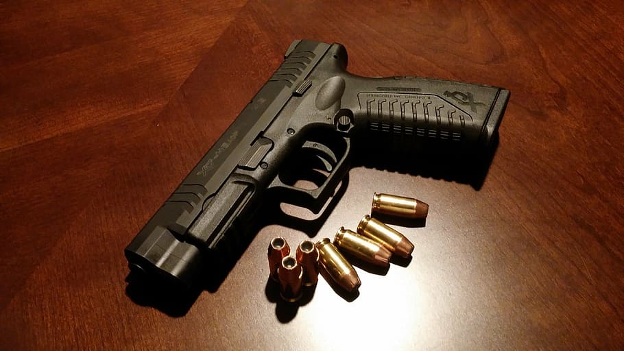 black, pistol, bullets, brown, surface, handgun, firearms, gun, weapon, ammo