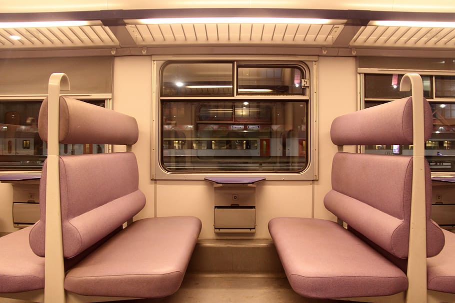 rosa, couro, acolchoado, assento do trem, carro de passageiro, trem, metrô, transporte de massa, interior, assentos